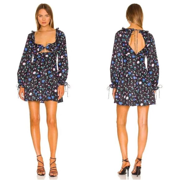 NWT For Love and Lemons Lexy Black Floral Long Sleeve Mini Dress - S - Picture 1 of 11